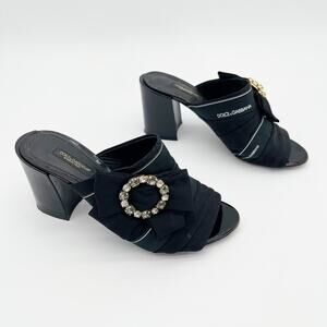 Dolce & Gabbana Black Crystal Buckle Bow Charmeuse Satin Mule Heels IT 36.5